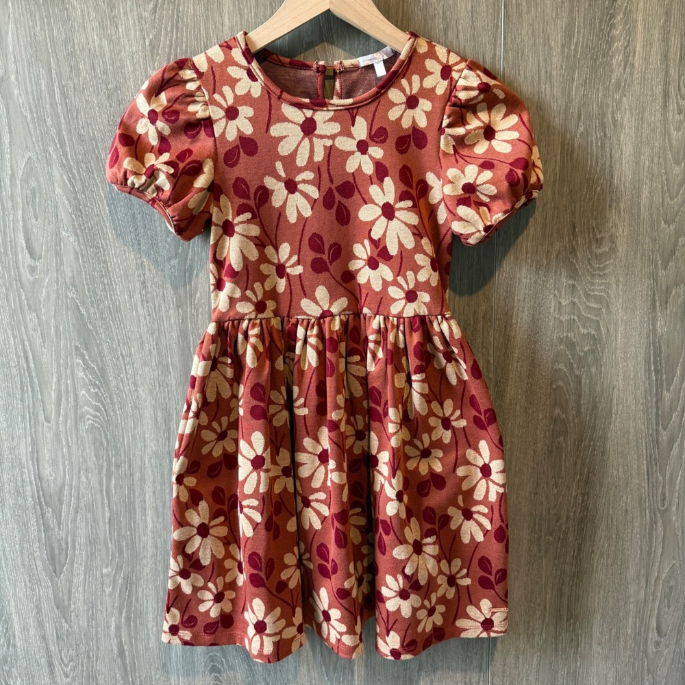 Tahari Floral Daisies Thick Dress Girls 10 Rust Orange Cottagecore‎ Boho Retro
